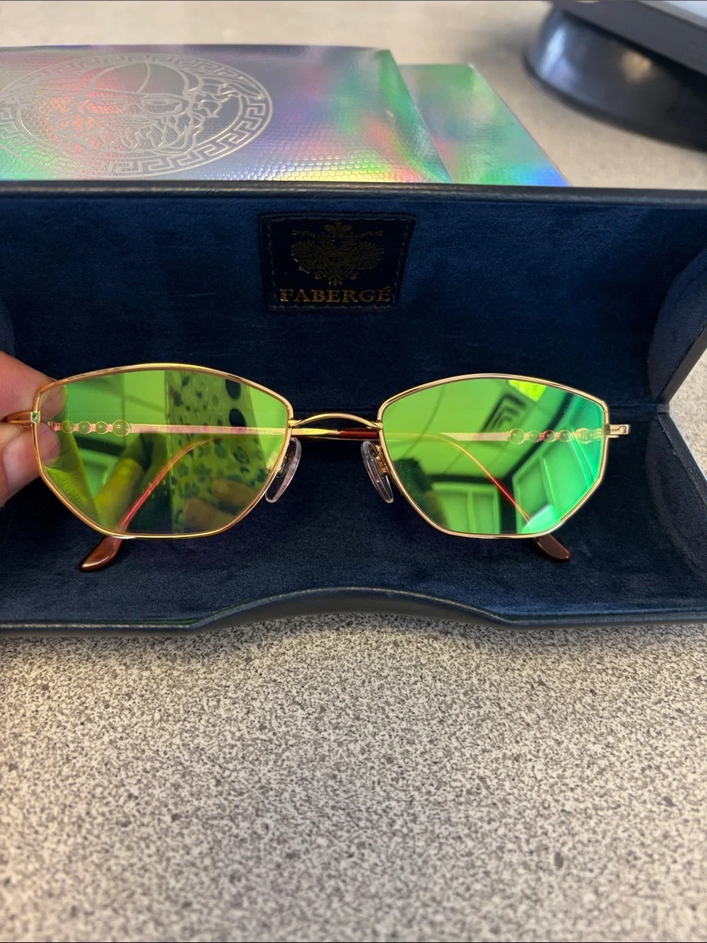 Faberge Vintage Gold Frame Sunglasses with Green and Purple Iridescent Lenses